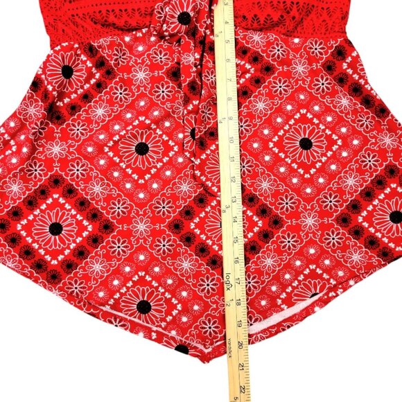 Juniors XL No Boundaries Red Crochet Trim Halter Top with Hanky Hem Smocked Back - Picture 7 of 12